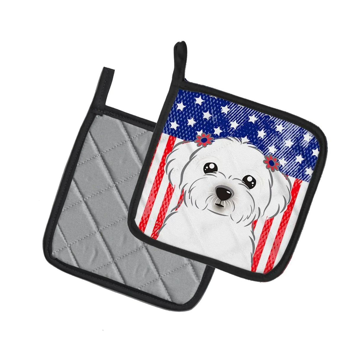 Pot Holder Set of 2 | Heat Resistant Quilted Hot Pads | 7.5 x 7.5 Inch | American Flag and Maltese