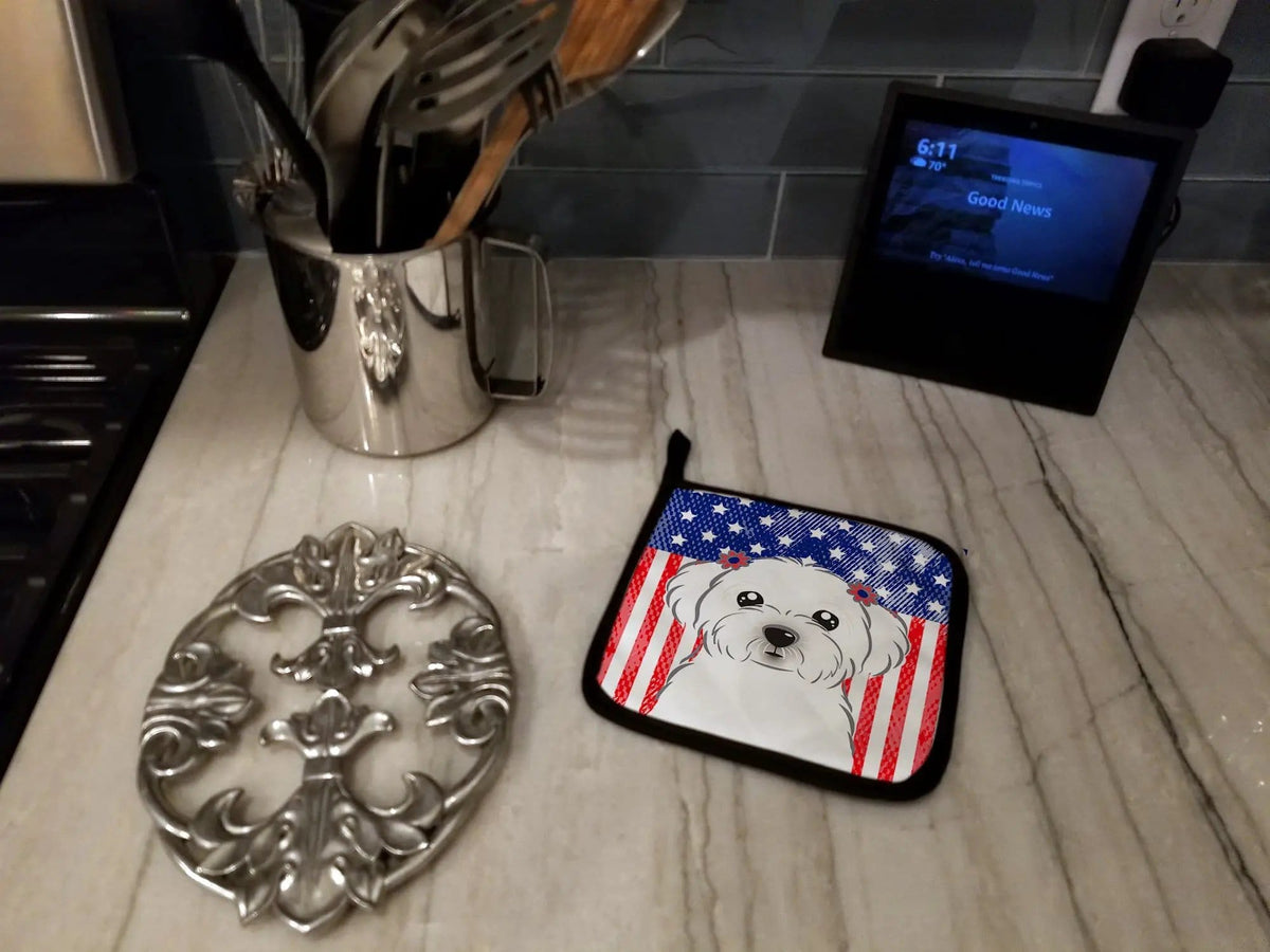 Pot Holder Set of 2 | Heat Resistant Quilted Hot Pads | 7.5 x 7.5 Inch | American Flag and Maltese