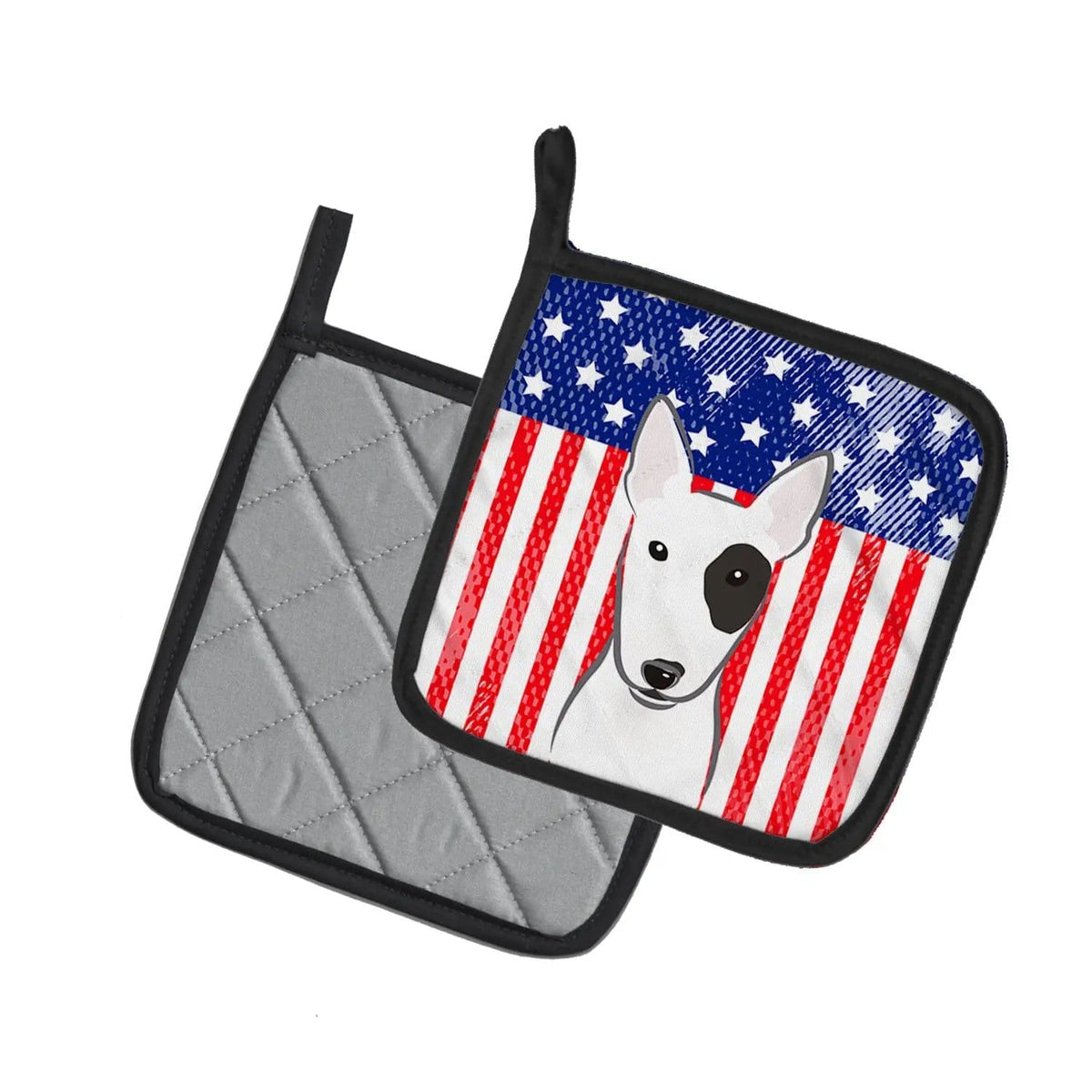 Pot Holder Set of 2 | Heat Resistant Quilted Hot Pads | 7.5 x 7.5 Inch | American Flag and Bull Terrier