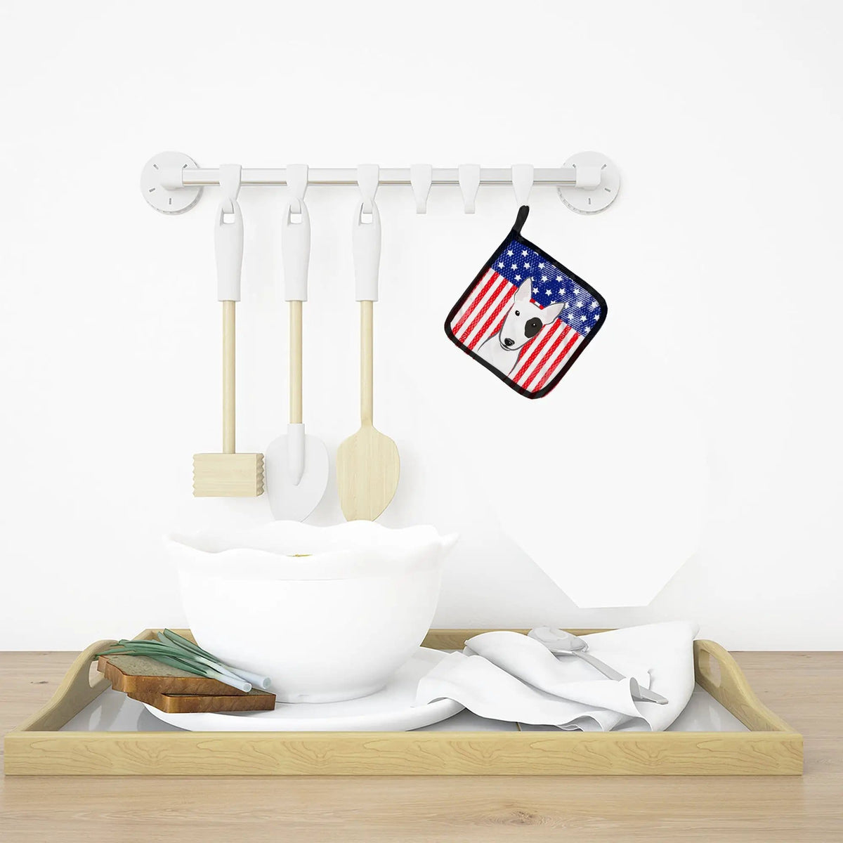 Pot Holder Set of 2 | Heat Resistant Quilted Hot Pads | 7.5 x 7.5 Inch | American Flag and Bull Terrier
