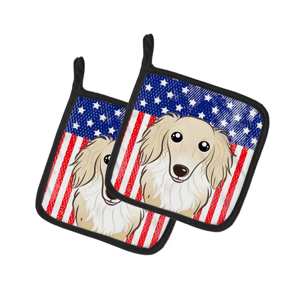 Pot Holder Set of 2 | Heat Resistant Quilted Hot Pads | 7.5 x 7.5 Inch | American Flag and Longhair Creme Dachshund