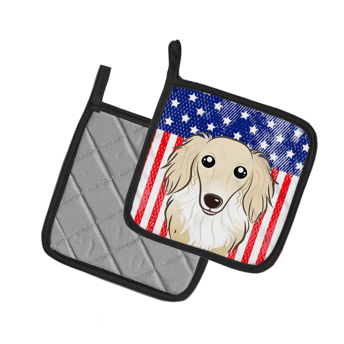 Pot Holder Set of 2 | Heat Resistant Quilted Hot Pads | 7.5 x 7.5 Inch | American Flag and Longhair Creme Dachshund