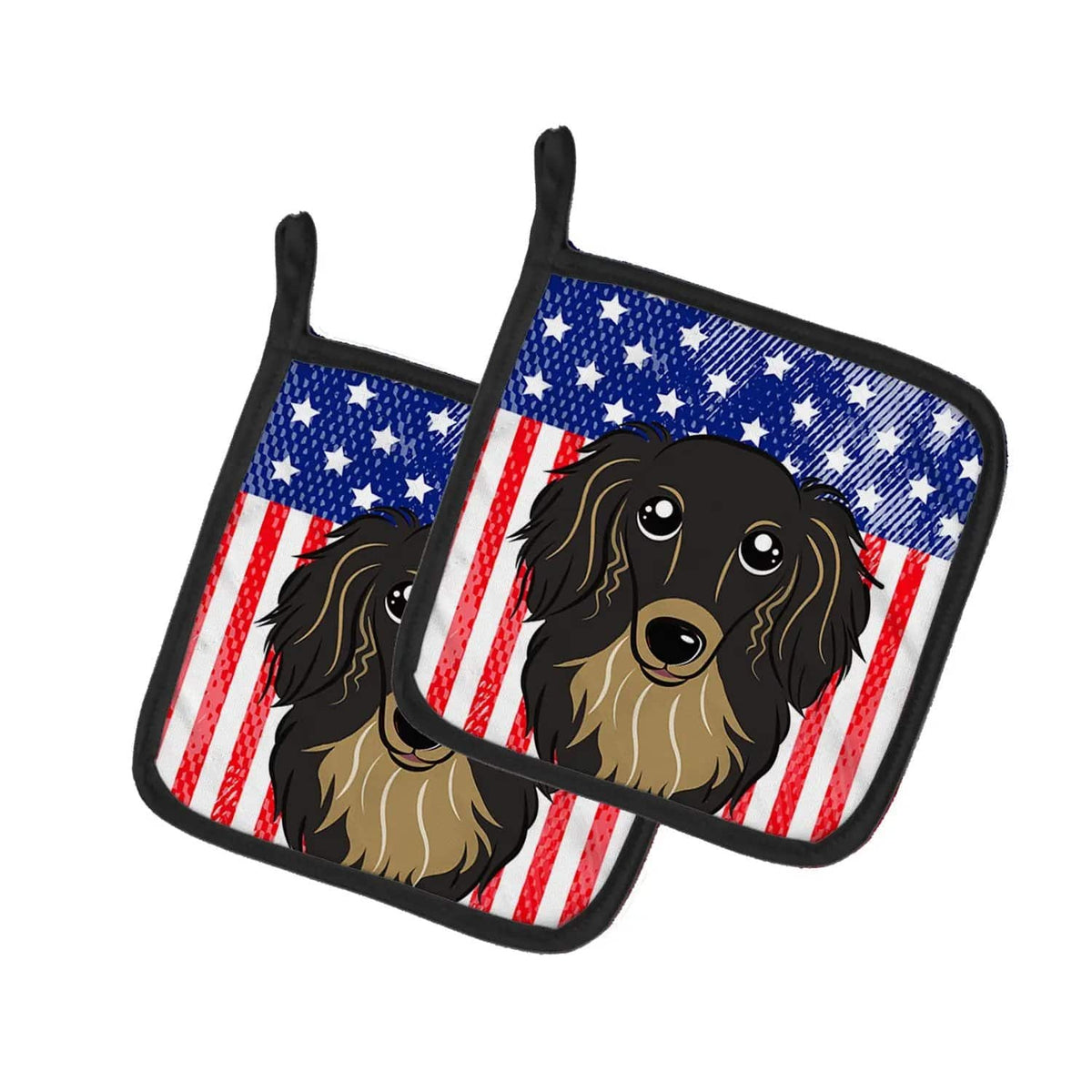 Pot Holder Set of 2 | Heat Resistant Quilted Hot Pads | 7.5 x 7.5 Inch | American Flag and Longhair Black and Tan Dachshund