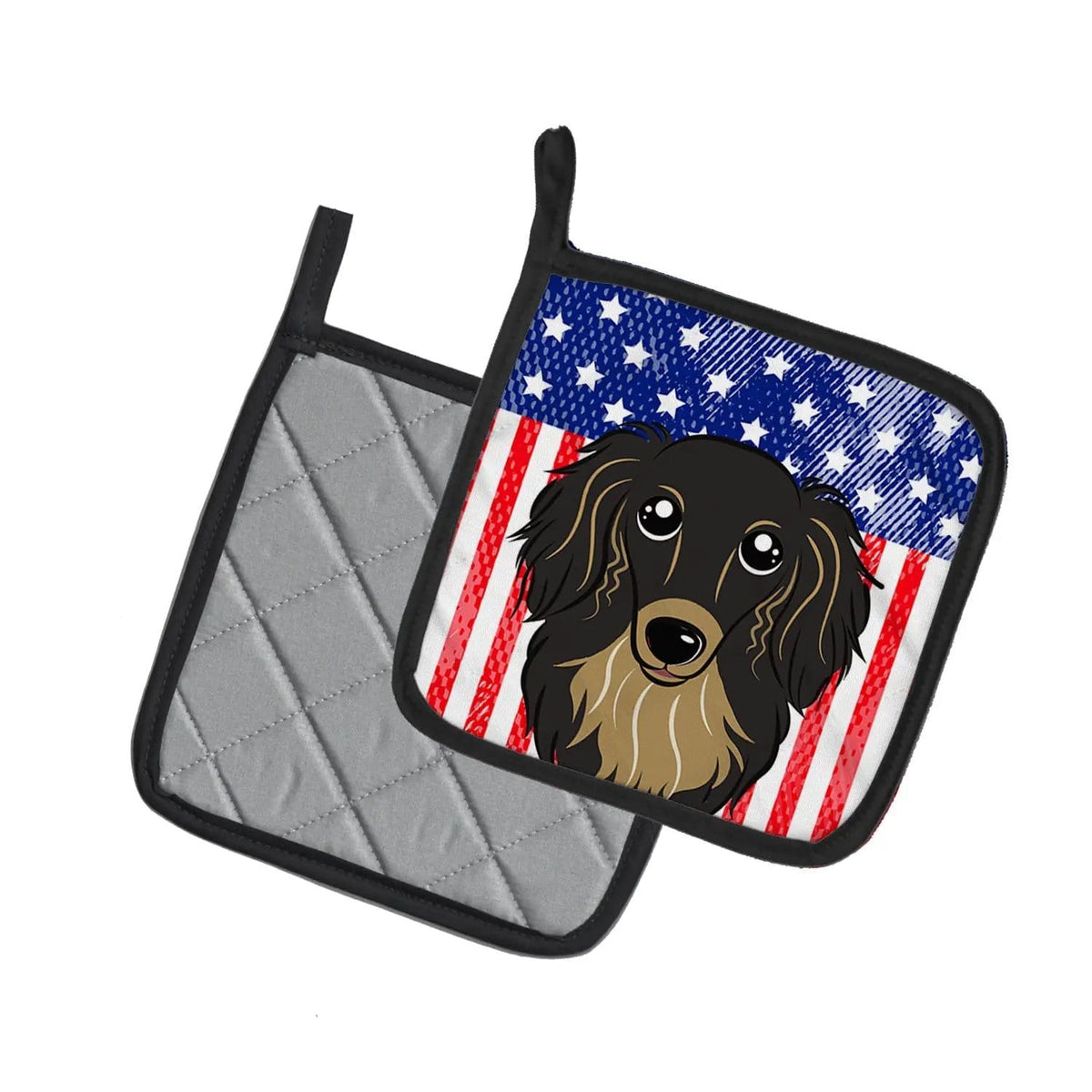 Pot Holder Set of 2 | Heat Resistant Quilted Hot Pads | 7.5 x 7.5 Inch | American Flag and Longhair Black and Tan Dachshund