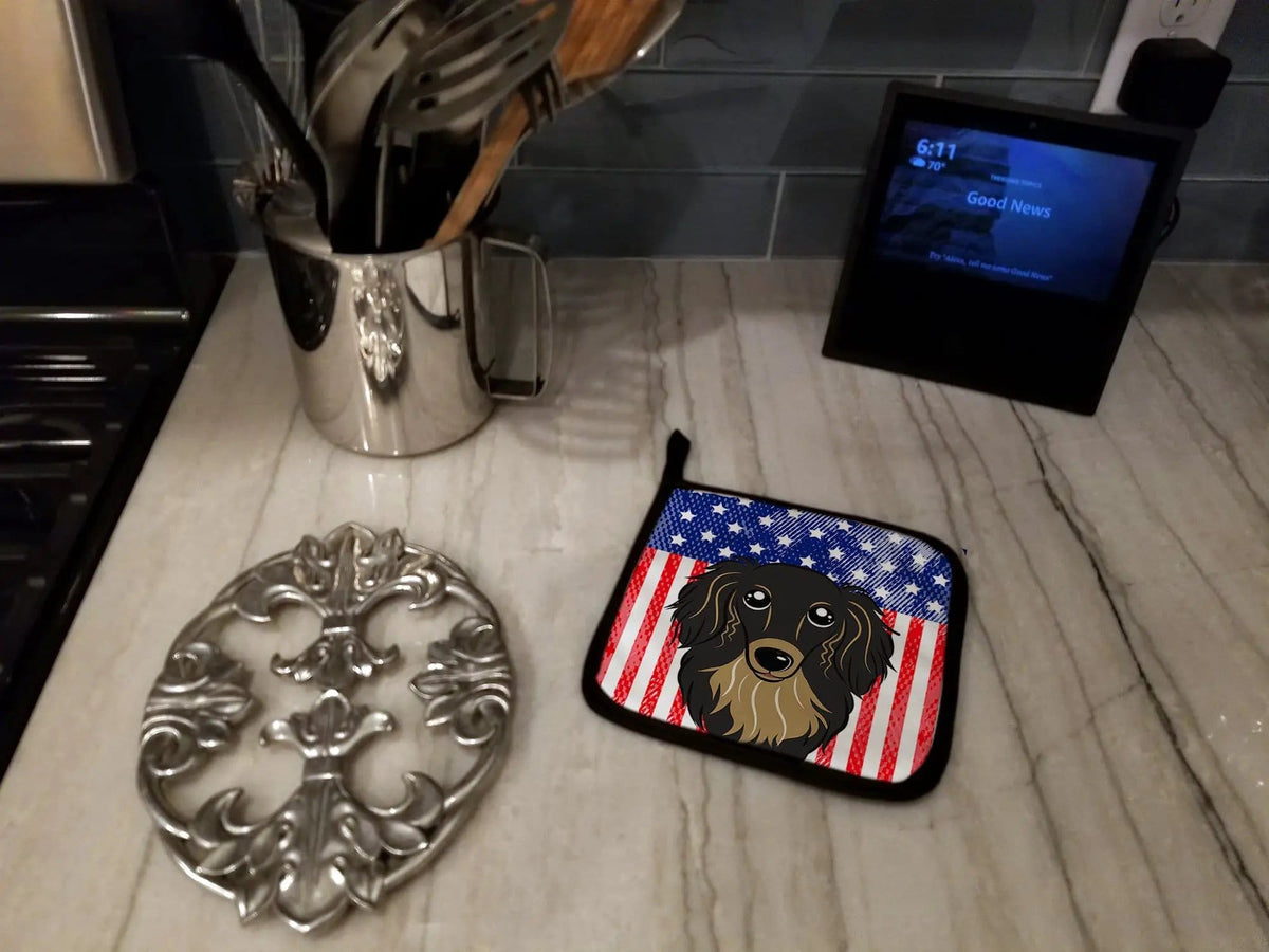Pot Holder Set of 2 | Heat Resistant Quilted Hot Pads | 7.5 x 7.5 Inch | American Flag and Longhair Black and Tan Dachshund