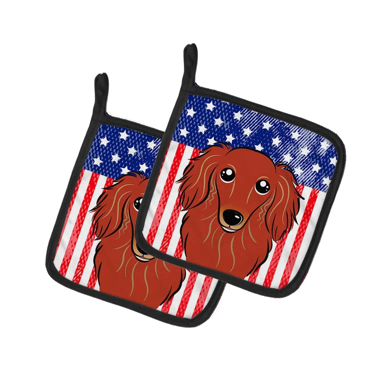 Pot Holder Set of 2 | Heat Resistant Quilted Hot Pads | 7.5 x 7.5 Inch | American Flag and Longhair Red Dachshund
