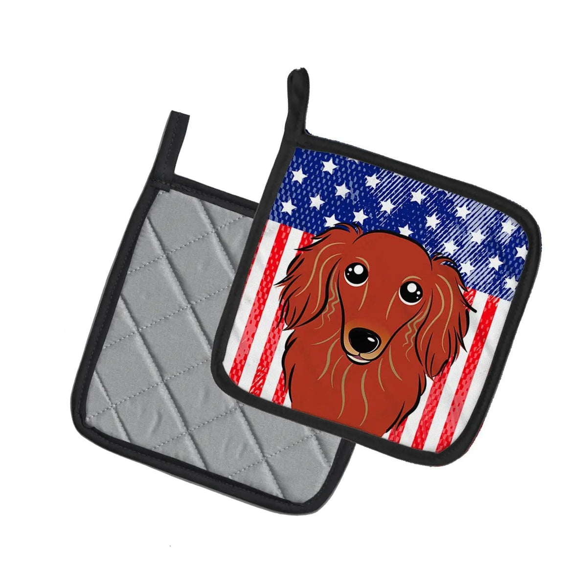 Pot Holder Set of 2 | Heat Resistant Quilted Hot Pads | 7.5 x 7.5 Inch | American Flag and Longhair Red Dachshund