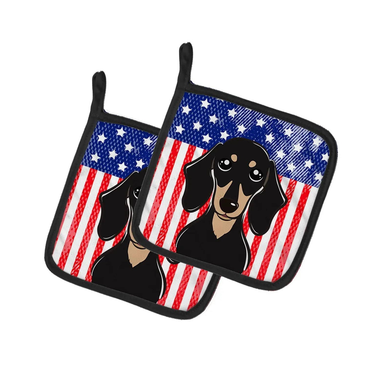 Pot Holder Set of 2 | Heat Resistant Quilted Hot Pads | 7.5 x 7.5 Inch | American Flag and Smooth Black and Tan Dachshund