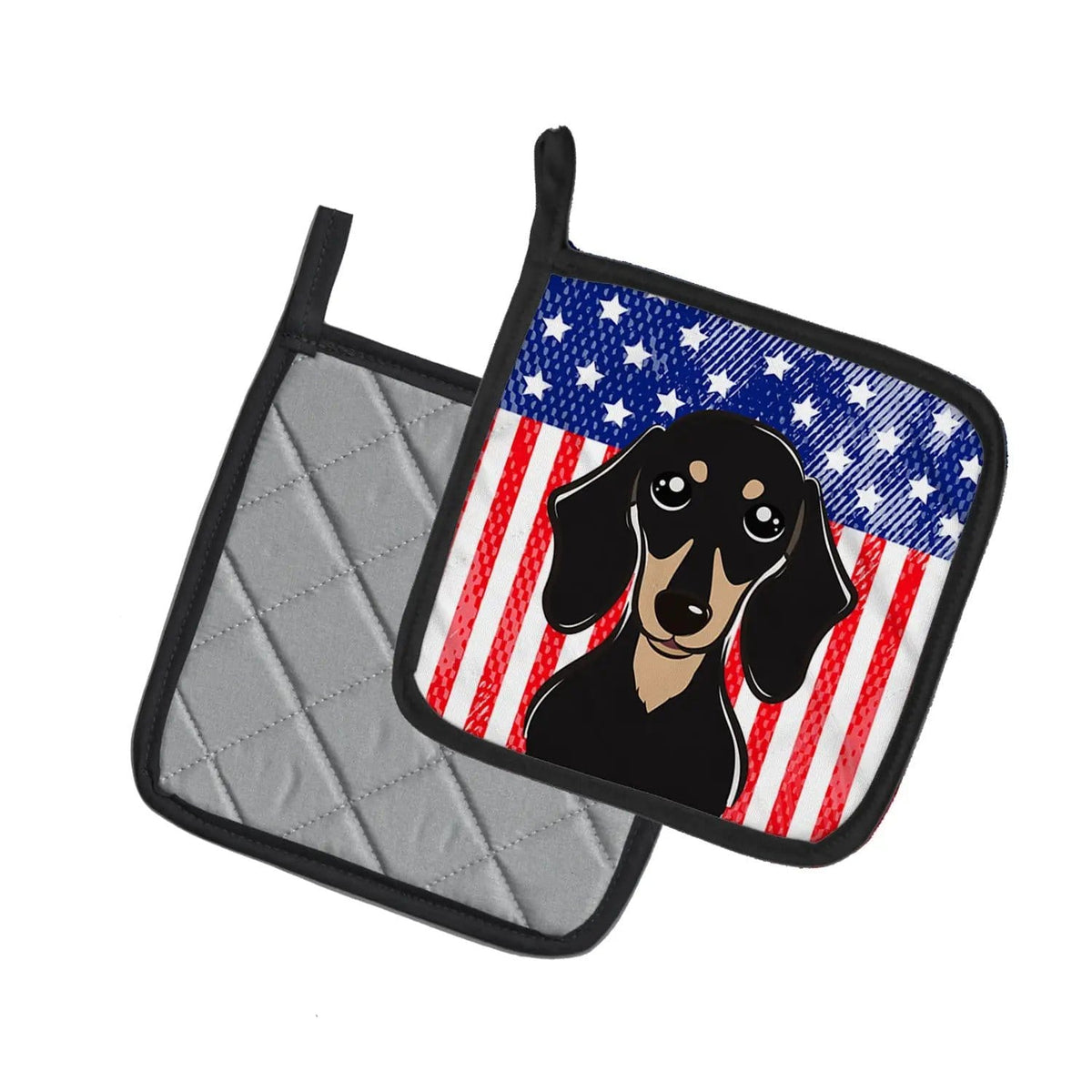 Pot Holder Set of 2 | Heat Resistant Quilted Hot Pads | 7.5 x 7.5 Inch | American Flag and Smooth Black and Tan Dachshund