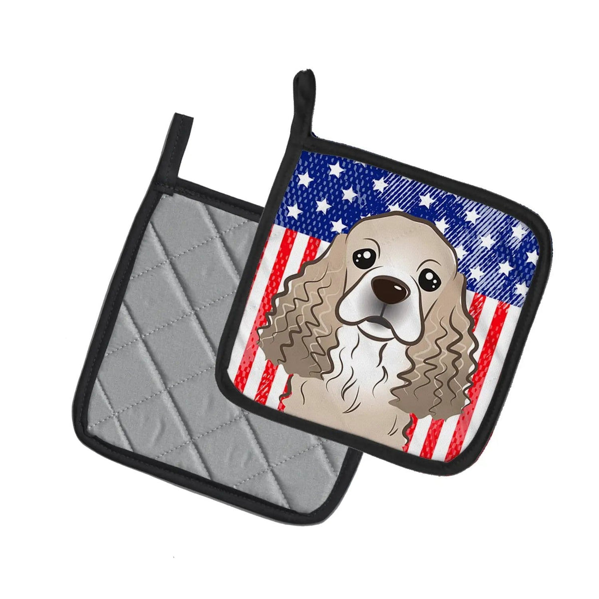 Pot Holder Set of 2 | Heat Resistant Quilted Hot Pads | 7.5 x 7.5 Inch | American Flag and Cocker Spaniel