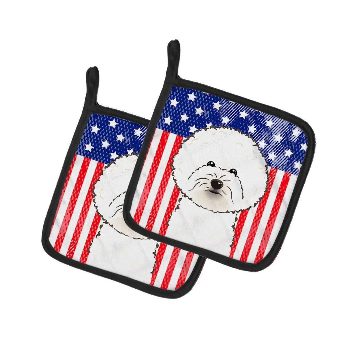 Pot Holder Set of 2 | Heat Resistant Quilted Hot Pads | 7.5 x 7.5 Inch | American Flag and Bichon Frise