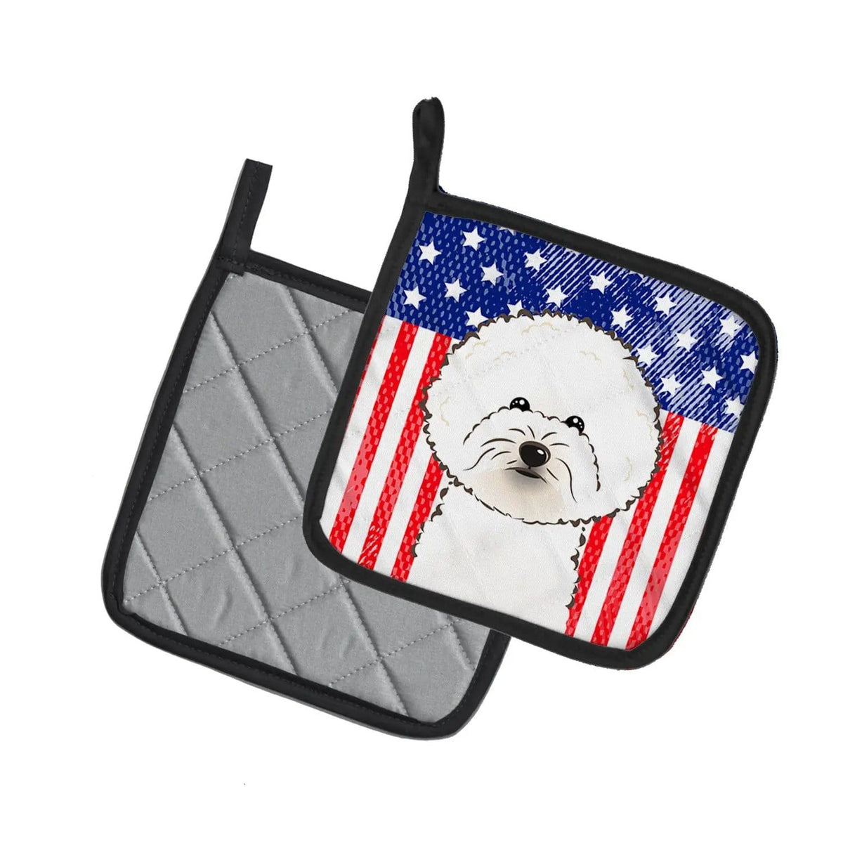Pot Holder Set of 2 | Heat Resistant Quilted Hot Pads | 7.5 x 7.5 Inch | American Flag and Bichon Frise