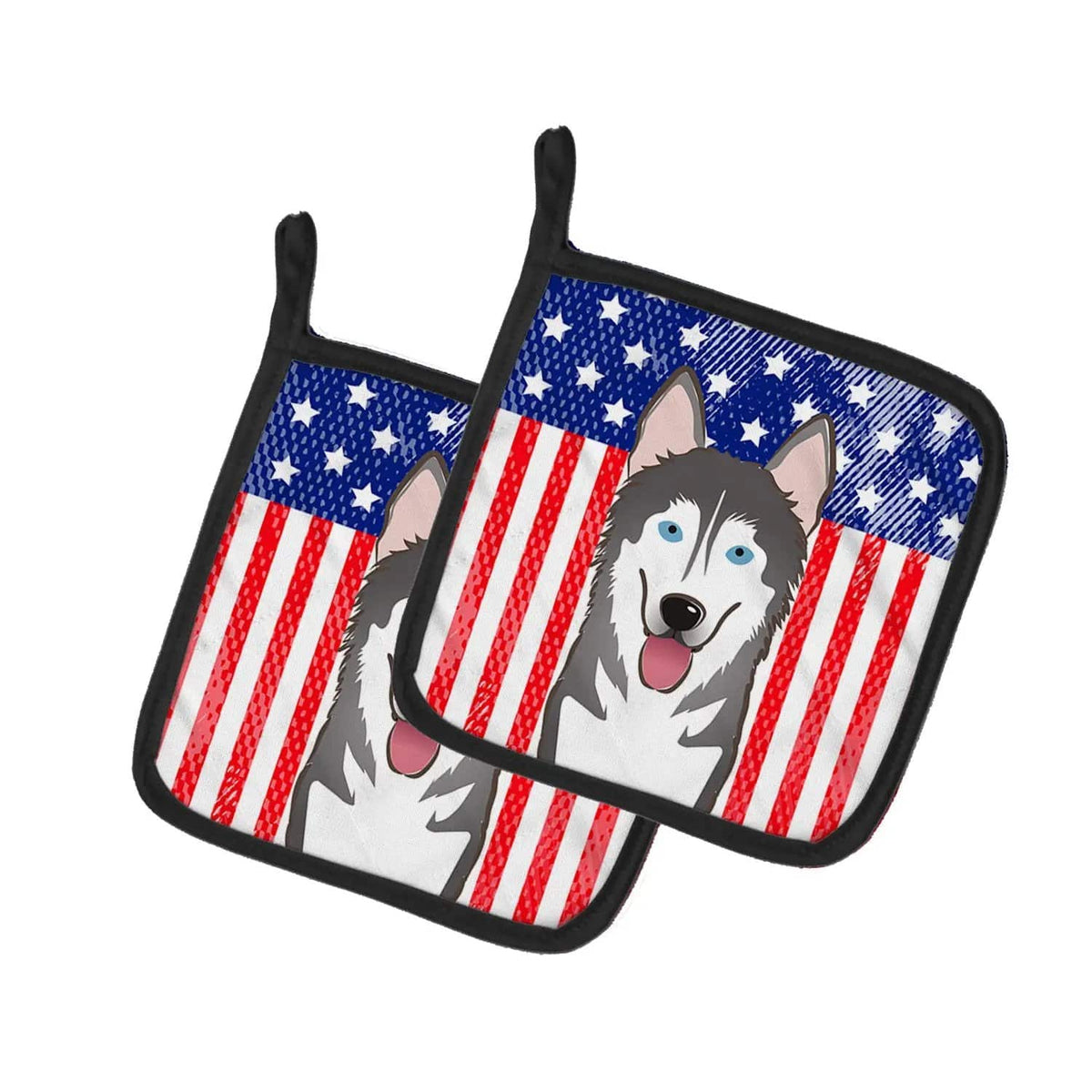 Pot Holder Set of 2 | Heat Resistant Quilted Hot Pads | 7.5 x 7.5 Inch | American Flag and Alaskan Malamute