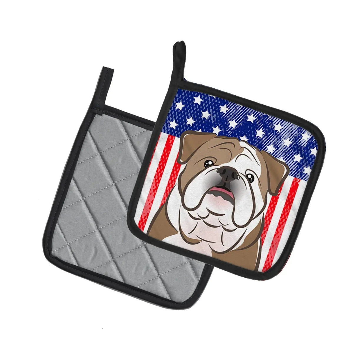 Pot Holder Set of 2 | Heat Resistant Quilted Hot Pads | 7.5 x 7.5 Inch | American Flag and English Bulldog