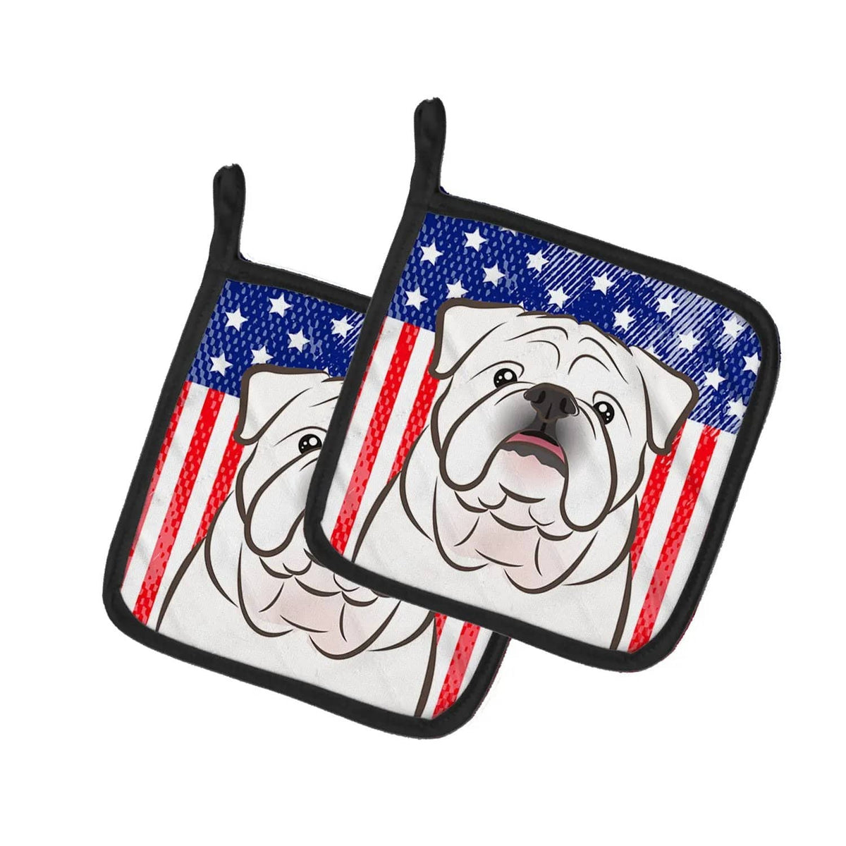 Pot Holder Set of 2 | Heat Resistant Quilted Hot Pads | 7.5 x 7.5 Inch | American Flag and White English Bulldog