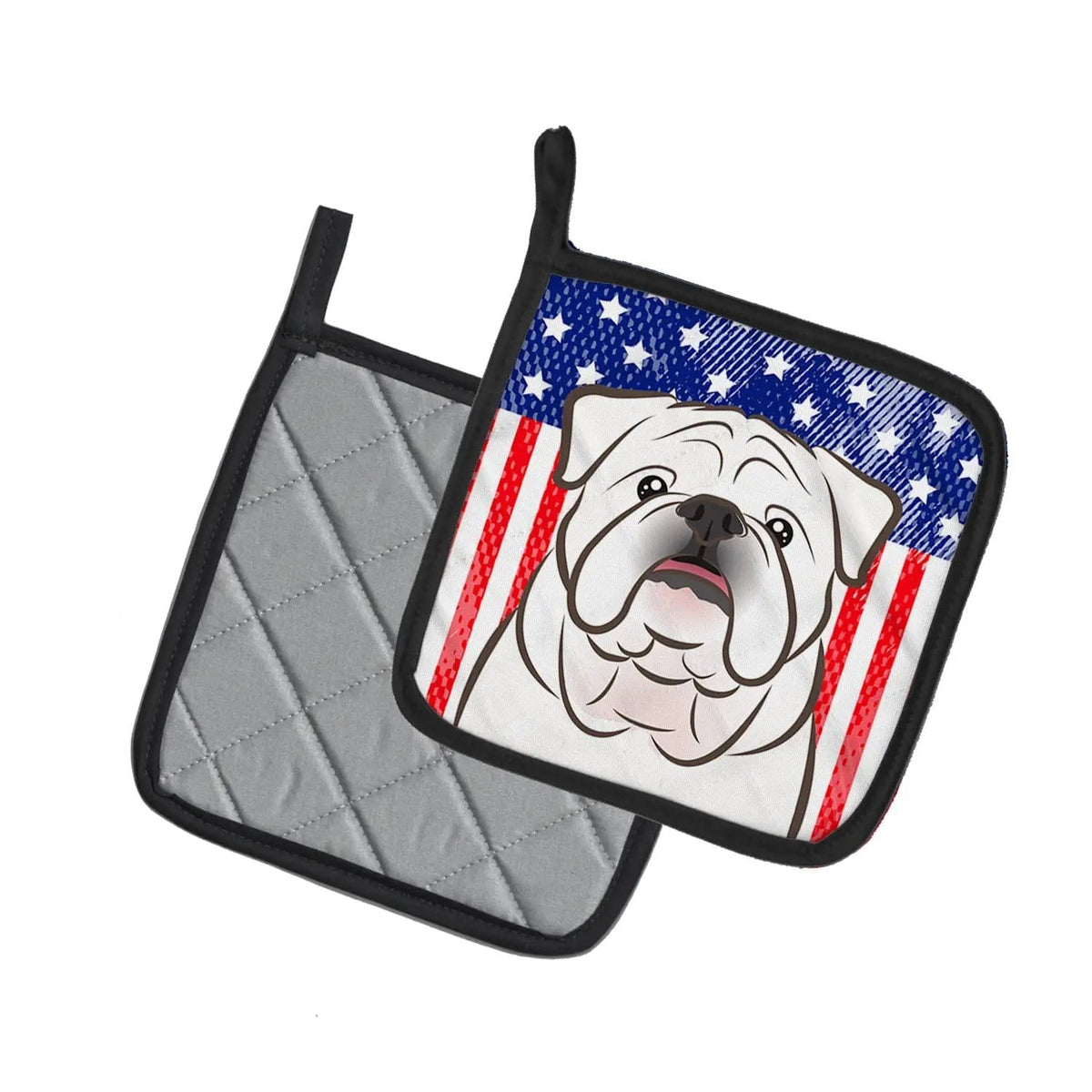 Pot Holder Set of 2 | Heat Resistant Quilted Hot Pads | 7.5 x 7.5 Inch | American Flag and White English Bulldog