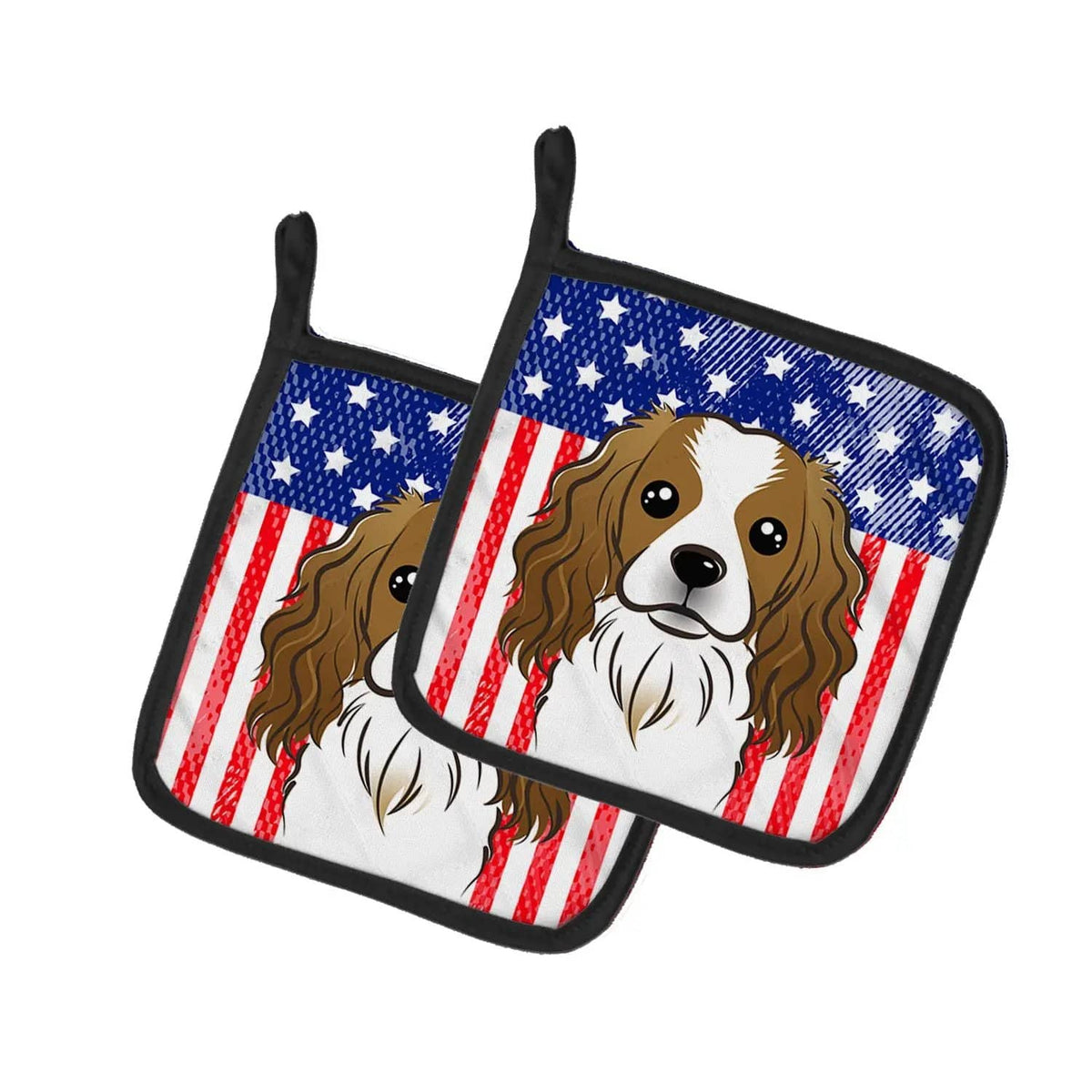 Pot Holder Set of 2 | Heat Resistant Quilted Hot Pads | 7.5 x 7.5 Inch | American Flag and Cavalier Spaniel