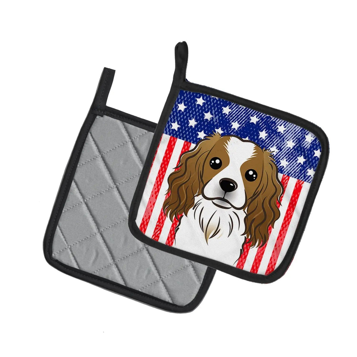 Pot Holder Set of 2 | Heat Resistant Quilted Hot Pads | 7.5 x 7.5 Inch | American Flag and Cavalier Spaniel