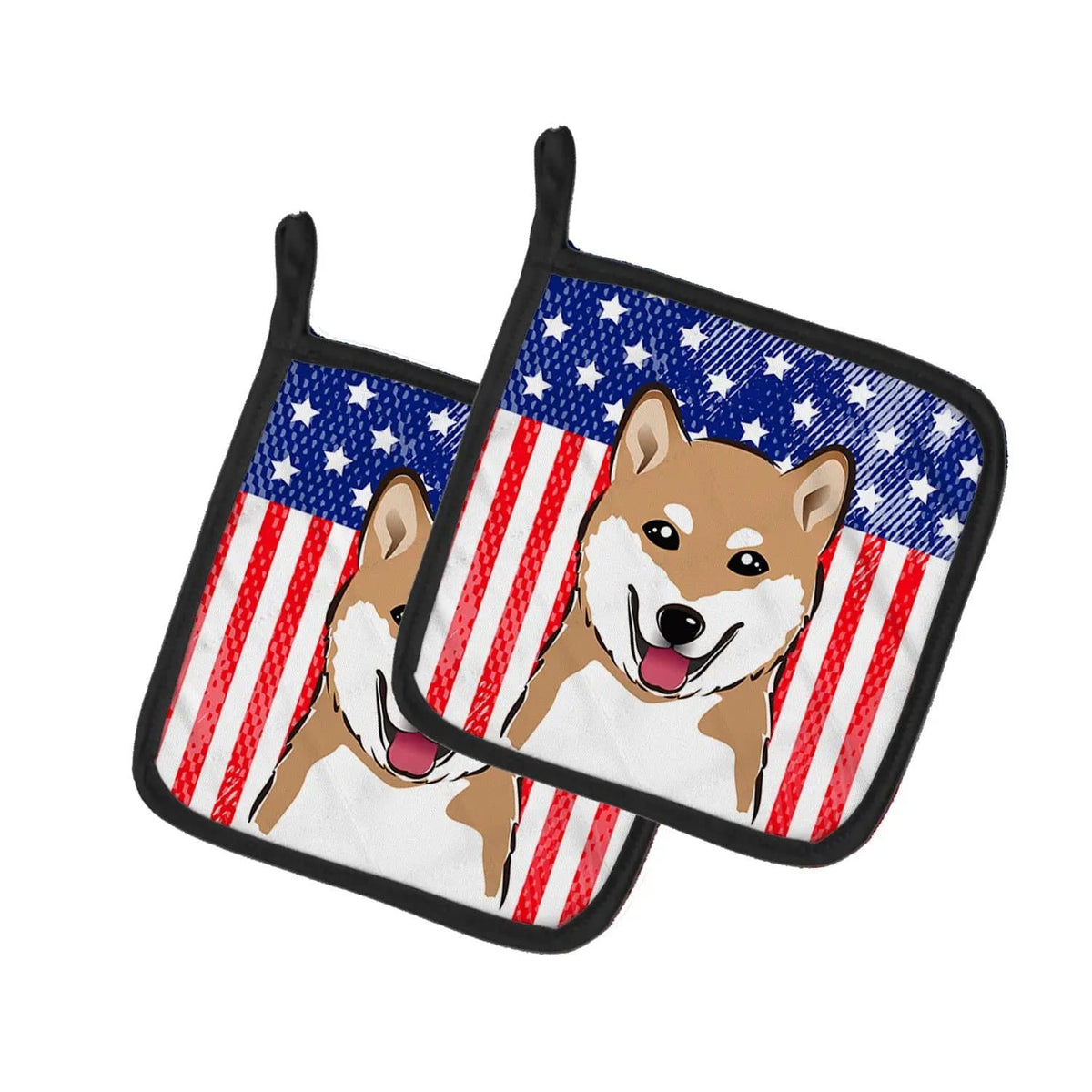 Pot Holder Set of 2 | Heat Resistant Quilted Hot Pads | 7.5 x 7.5 Inch | American Flag and Shiba Inu