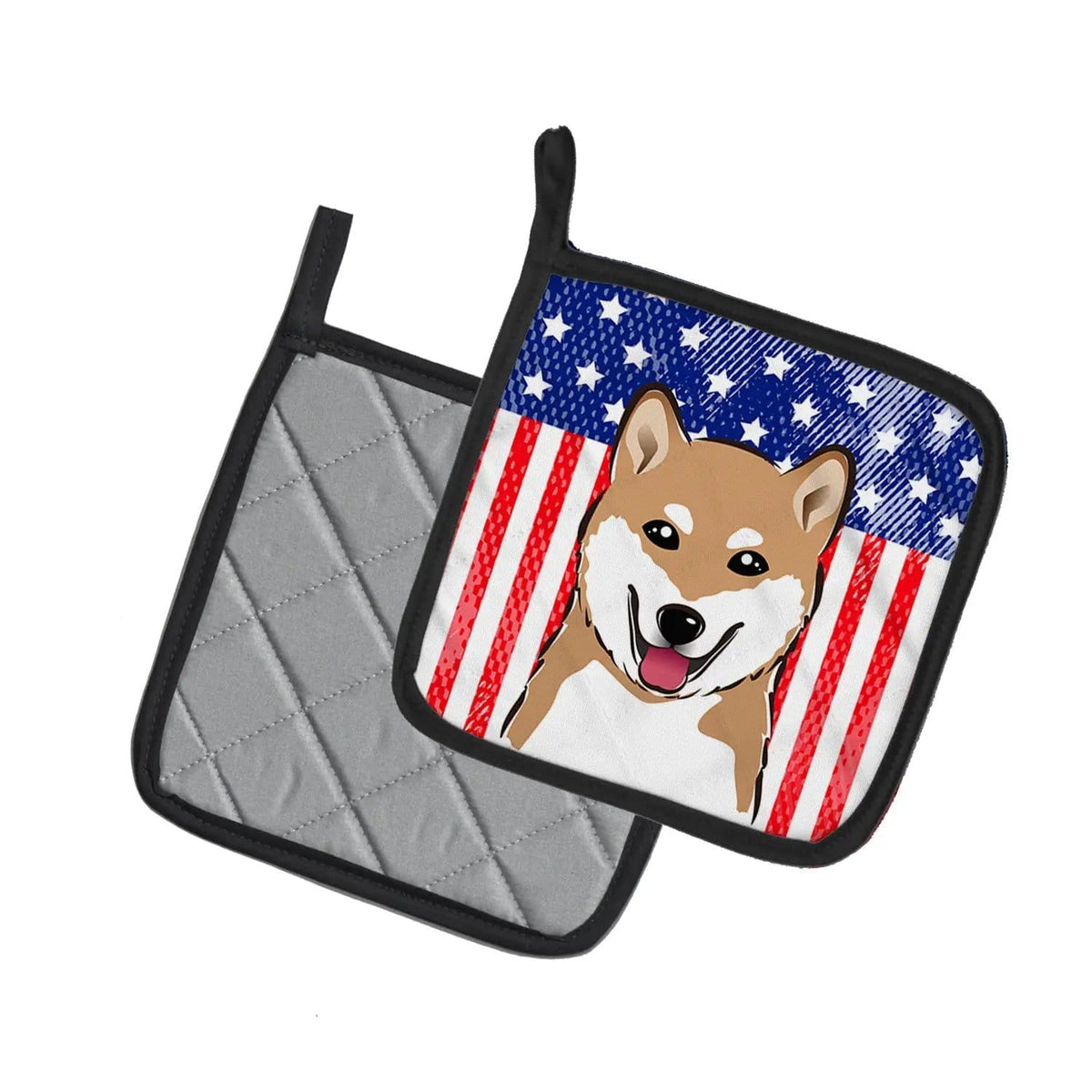 Pot Holder Set of 2 | Heat Resistant Quilted Hot Pads | 7.5 x 7.5 Inch | American Flag and Shiba Inu