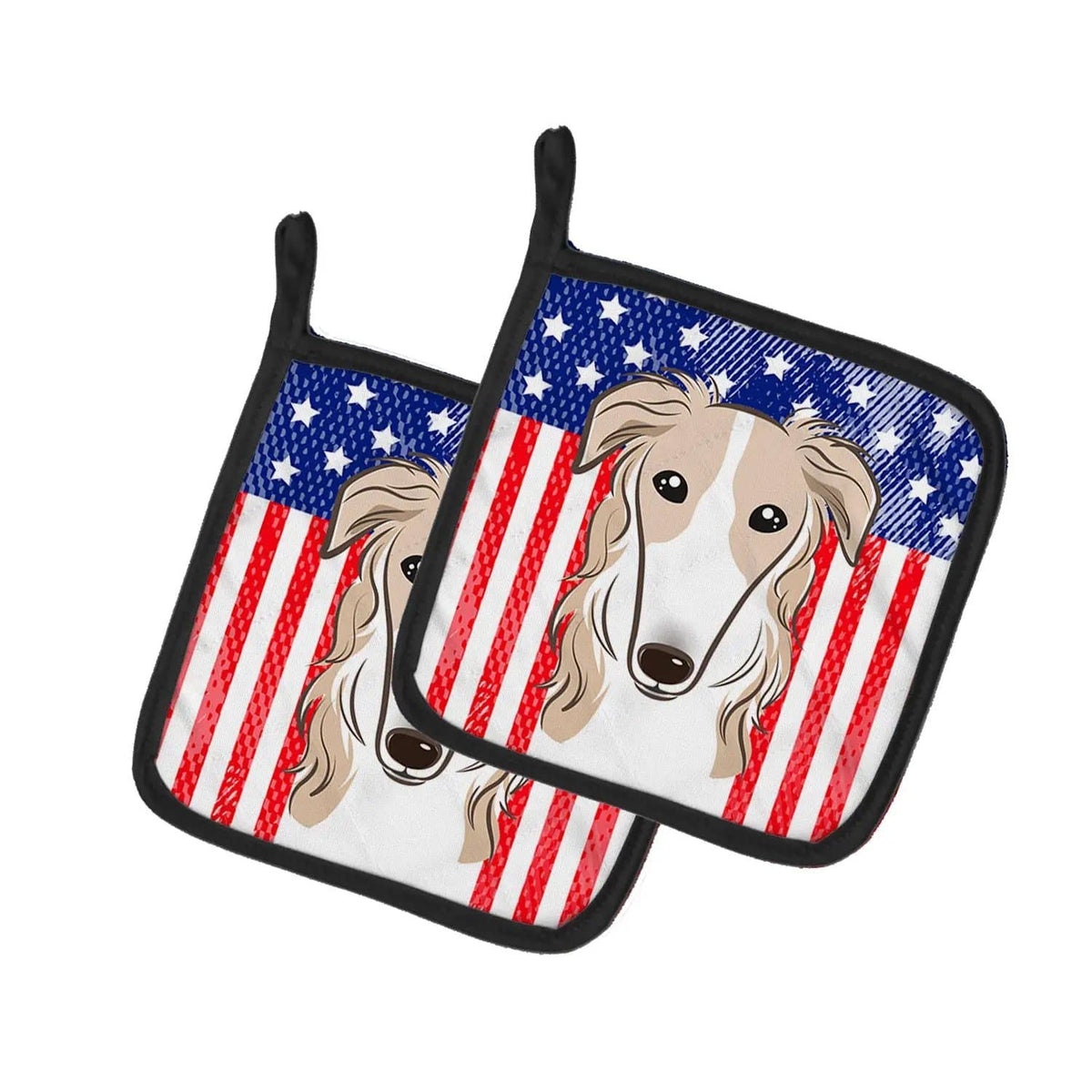 Pot Holder Set of 2 | Heat Resistant Quilted Hot Pads | 7.5 x 7.5 Inch | American Flag and Borzoi