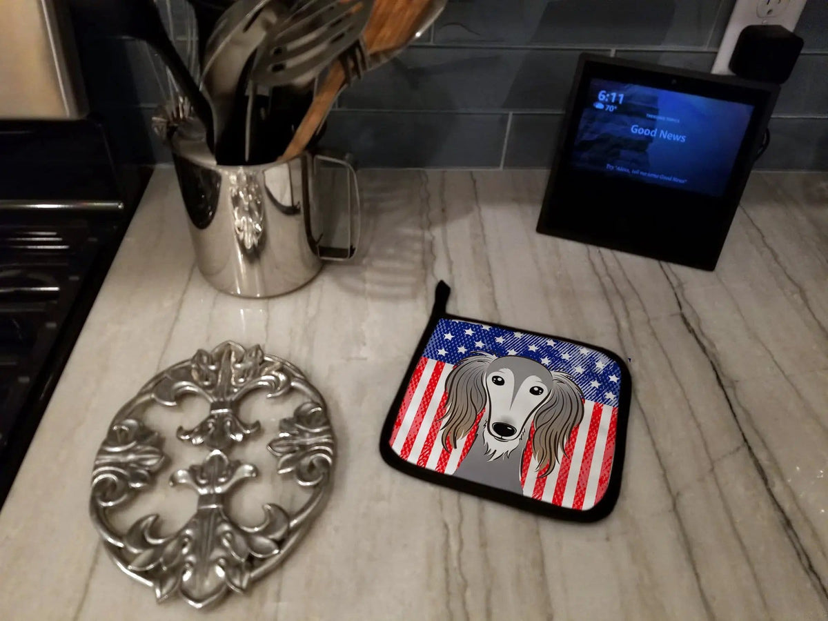 Pot Holder Set of 2 | Heat Resistant Quilted Hot Pads | 7.5 x 7.5 Inch | American Flag and Saluki