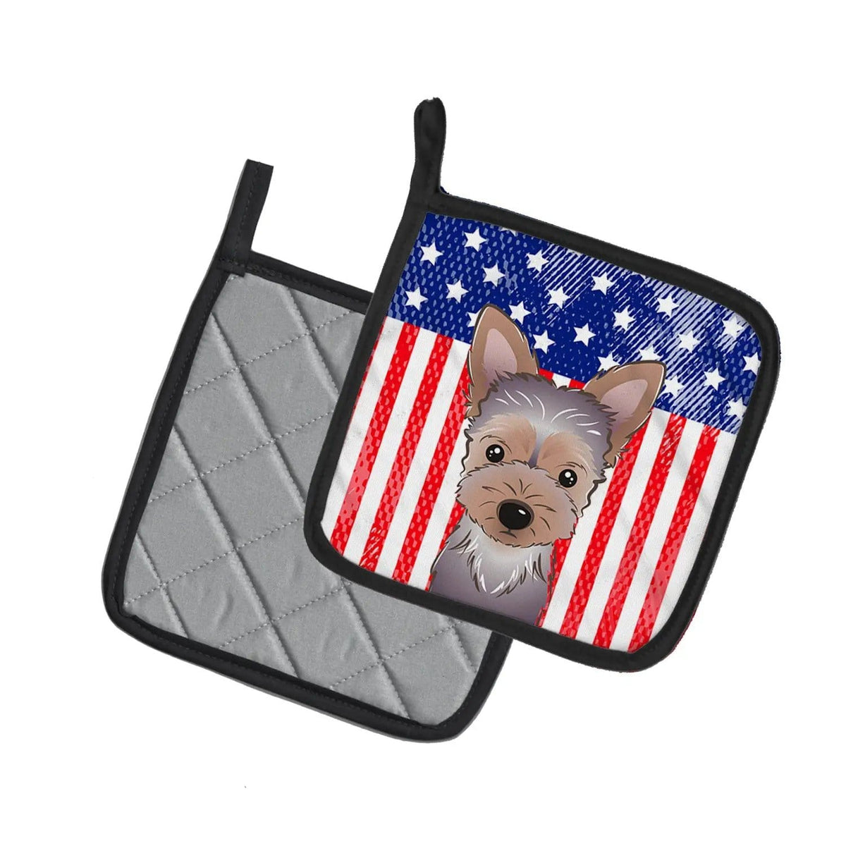 Pot Holder Set of 2 | Heat Resistant Quilted Hot Pads | 7.5 x 7.5 Inch | American Flag and Yorkie Puppy