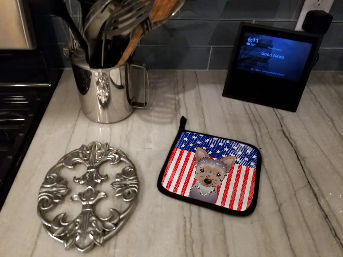 Pot Holder Set of 2 | Heat Resistant Quilted Hot Pads | 7.5 x 7.5 Inch | American Flag and Yorkie Puppy
