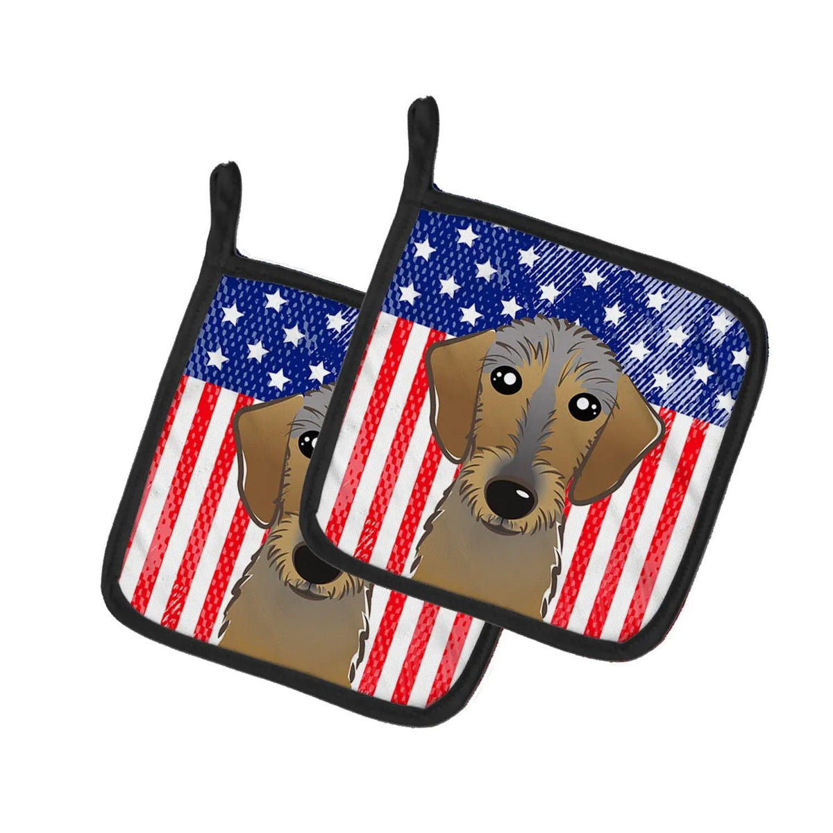 Pot Holder Set of 2 | Heat Resistant Quilted Hot Pads | 7.5 x 7.5 Inch | American Flag and Wirehaired Dachshund
