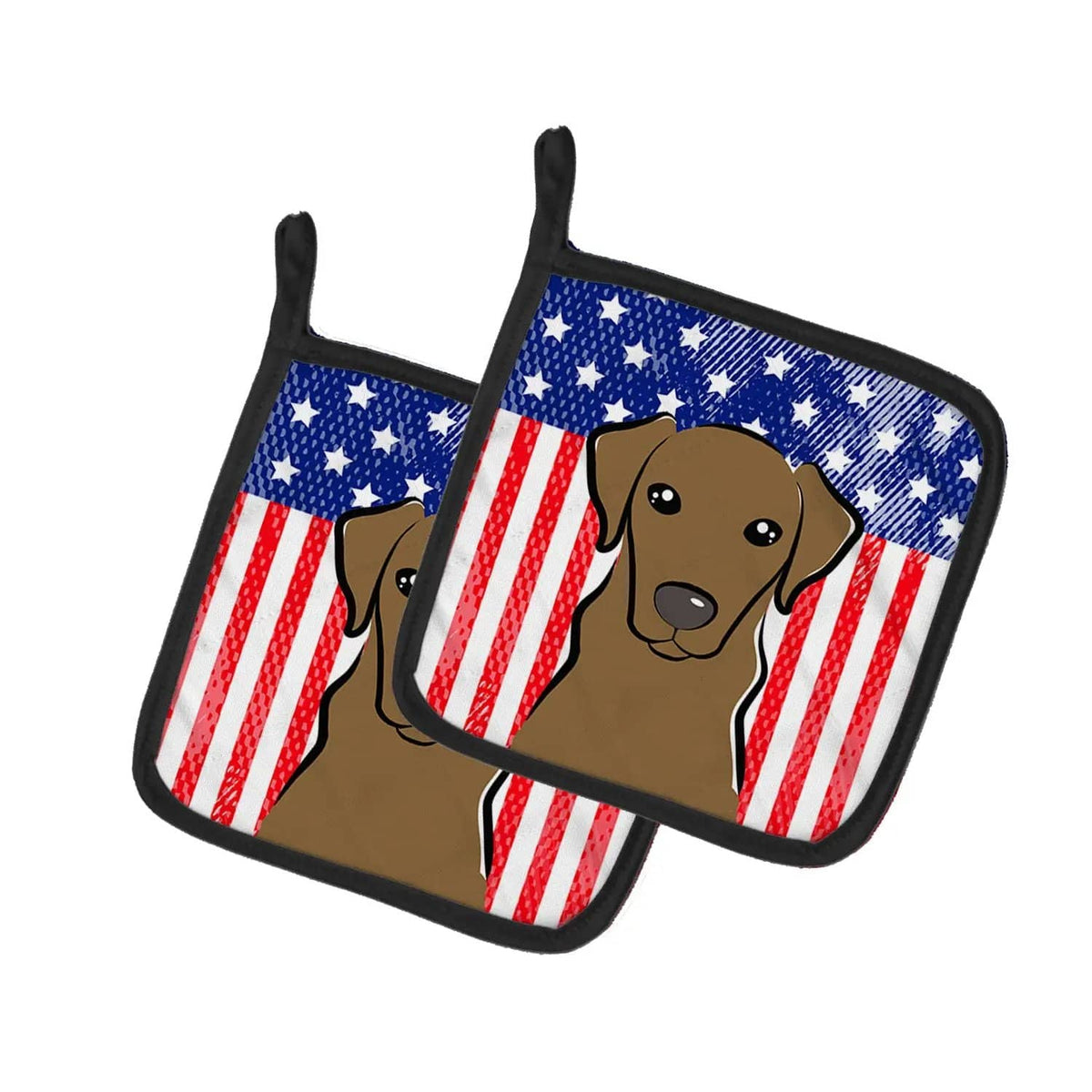 Pot Holder Set of 2 | Heat Resistant Quilted Hot Pads | 7.5 x 7.5 Inch | American Flag and Chocolate Labrador