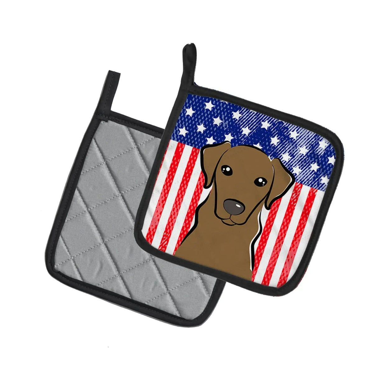 Pot Holder Set of 2 | Heat Resistant Quilted Hot Pads | 7.5 x 7.5 Inch | American Flag and Chocolate Labrador