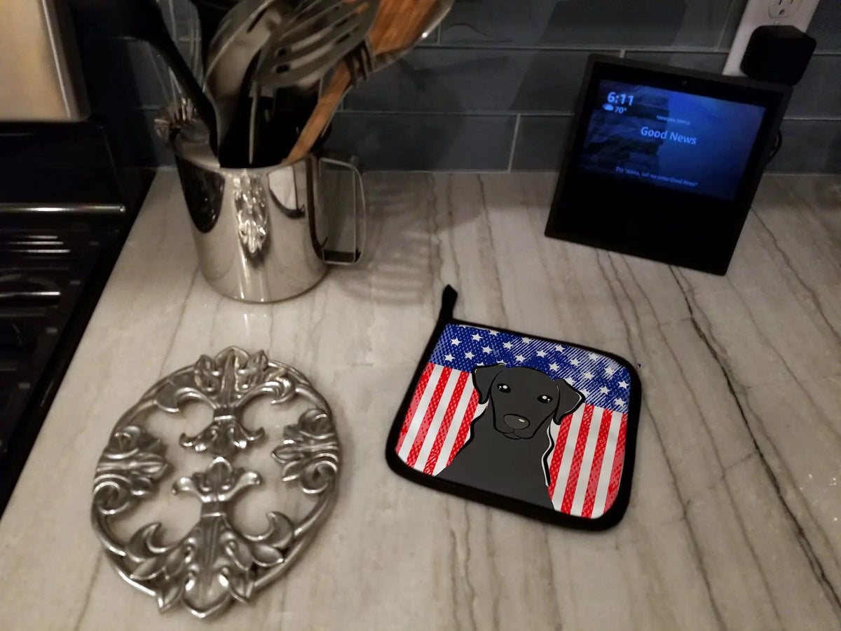 Pot Holder Set of 2 | Heat Resistant Quilted Hot Pads | 7.5 x 7.5 Inch | American Flag and Black Labrador