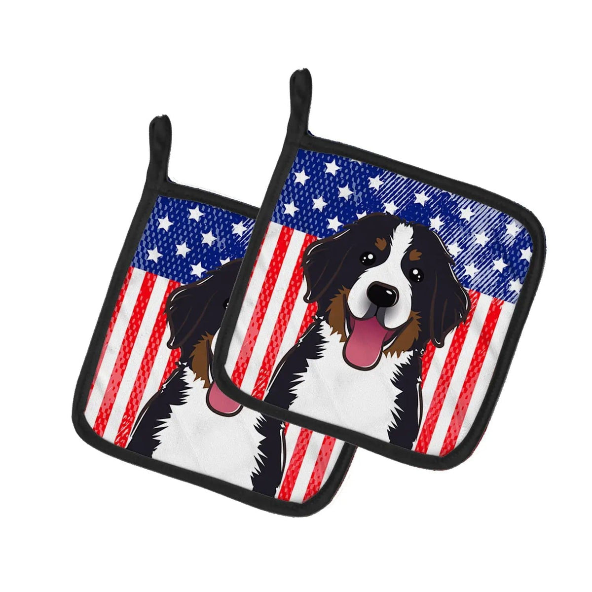 Pot Holder Set of 2 | Heat Resistant Quilted Hot Pads | 7.5 x 7.5 Inch | American Flag and Bernese Mountain Dog