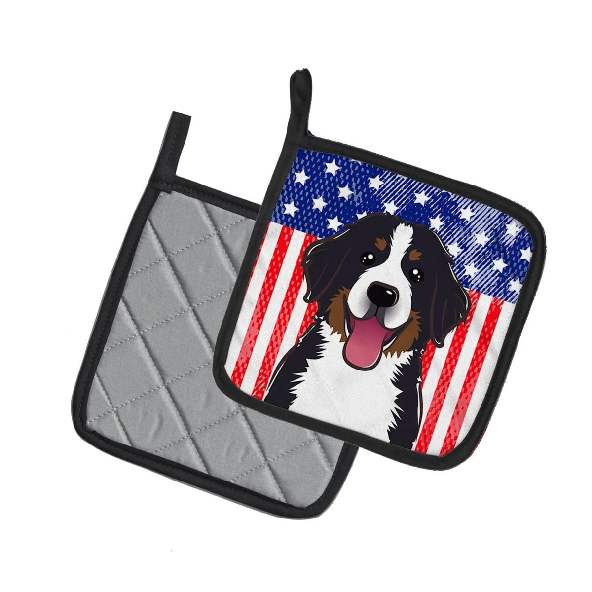 Pot Holder Set of 2 | Heat Resistant Quilted Hot Pads | 7.5 x 7.5 Inch | American Flag and Bernese Mountain Dog