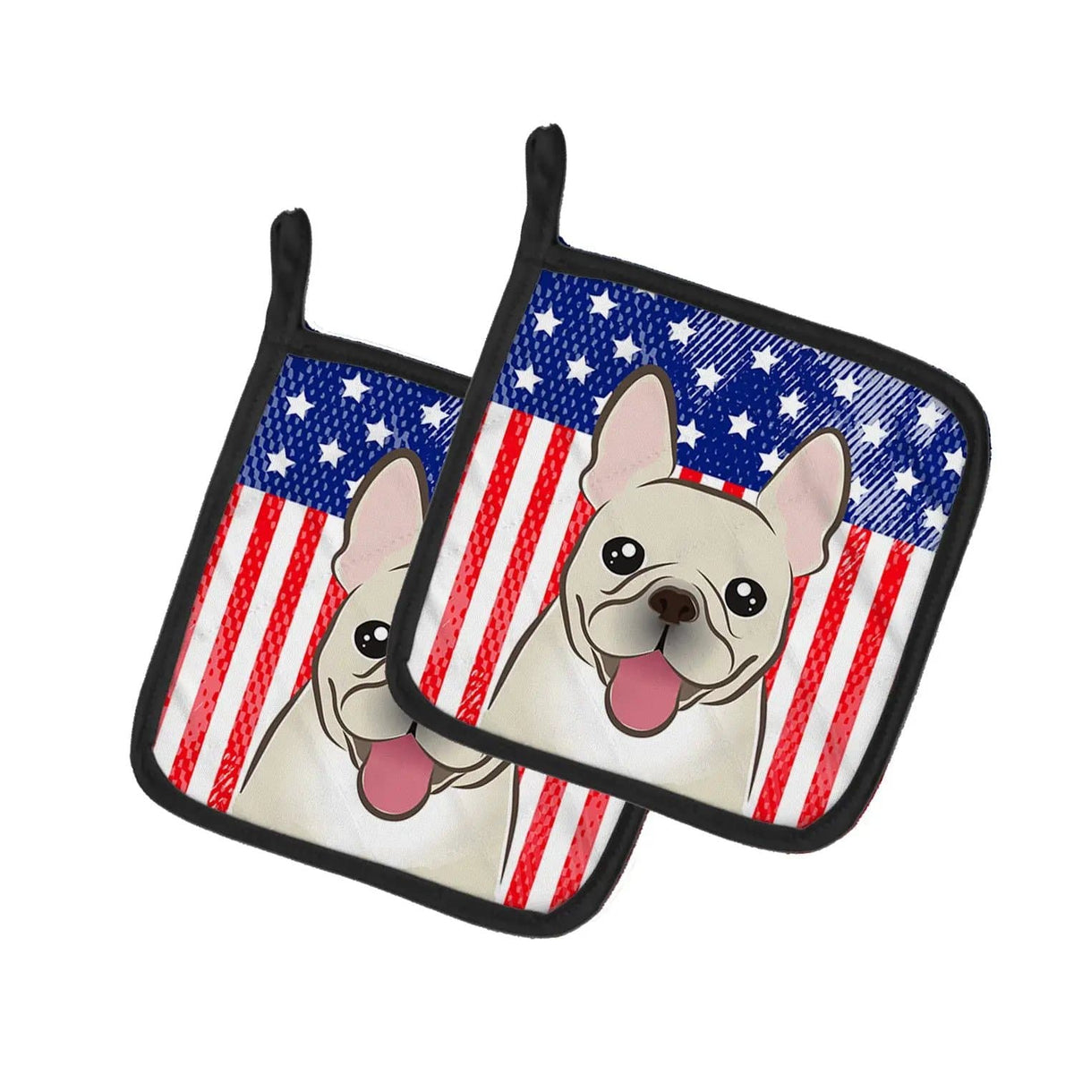 Pot Holder Set of 2 | Heat Resistant Quilted Hot Pads | 7.5 x 7.5 Inch | American Flag and French Bulldog (Style 2)