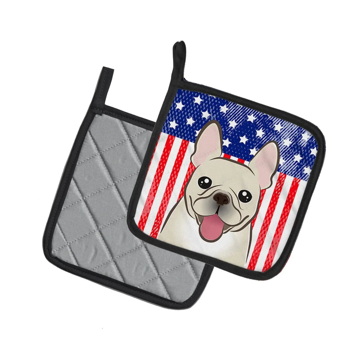Pot Holder Set of 2 | Heat Resistant Quilted Hot Pads | 7.5 x 7.5 Inch | American Flag and French Bulldog (Style 2)