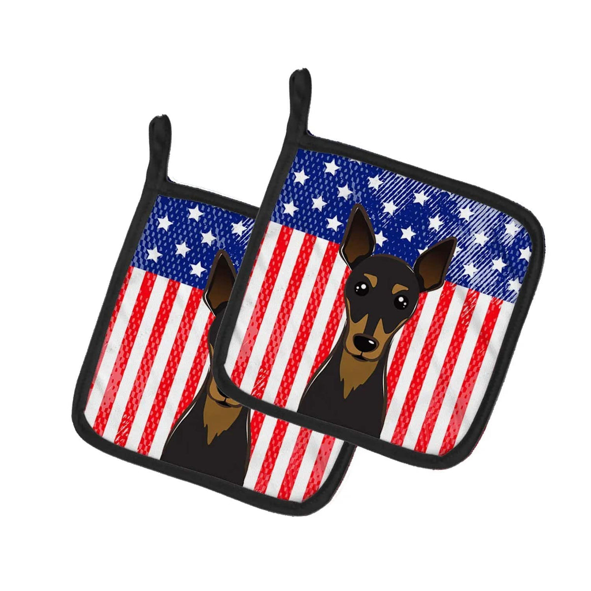 Pot Holder Set of 2 | Heat Resistant Quilted Hot Pads | 7.5 x 7.5 Inch | American Flag and Min Pin