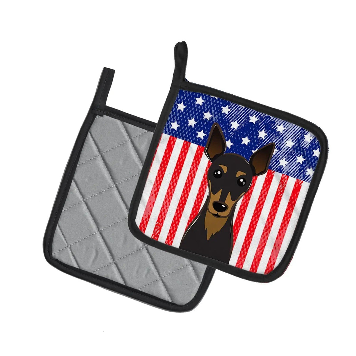 Pot Holder Set of 2 | Heat Resistant Quilted Hot Pads | 7.5 x 7.5 Inch | American Flag and Min Pin