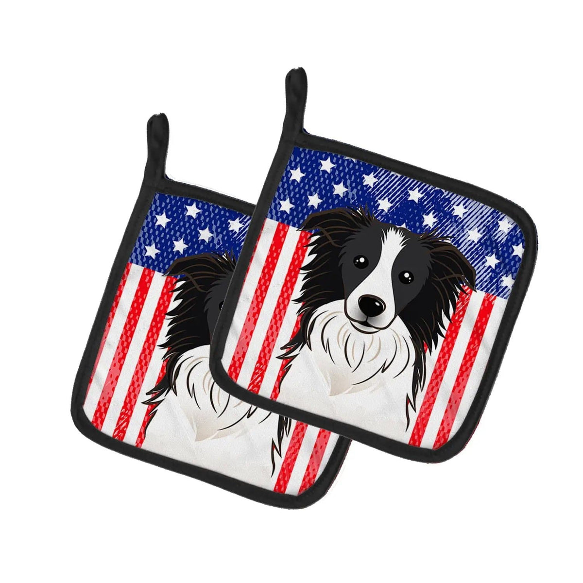 Pot Holder Set of 2 | Heat Resistant Quilted Hot Pads | 7.5 x 7.5 Inch | American Flag and Border Collie