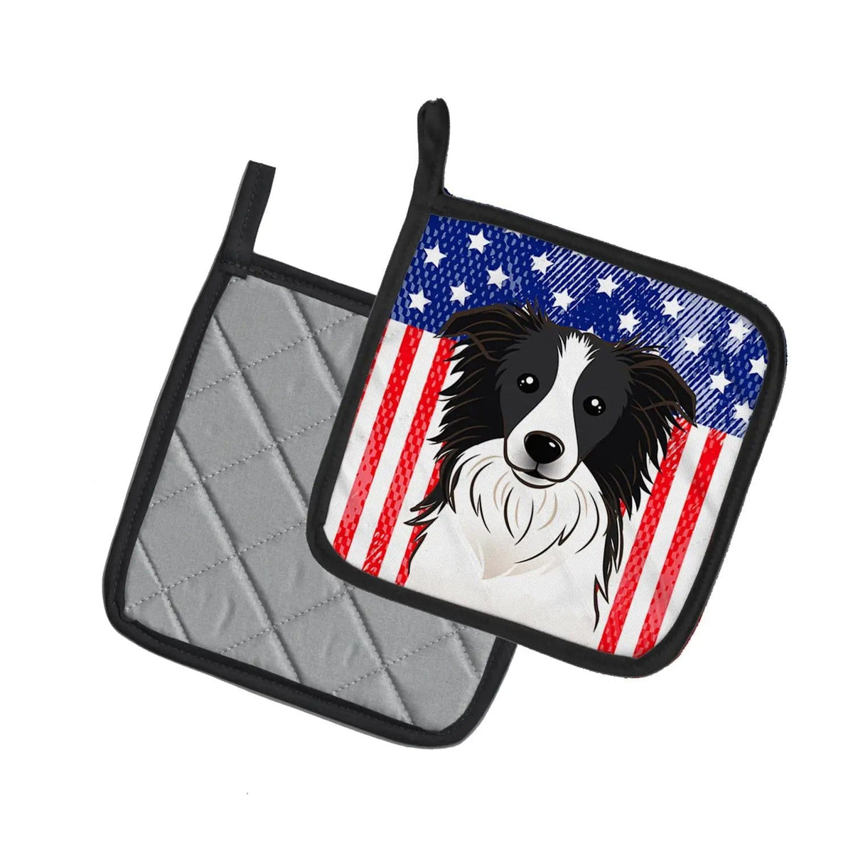 Pot Holder Set of 2 | Heat Resistant Quilted Hot Pads | 7.5 x 7.5 Inch | American Flag and Border Collie