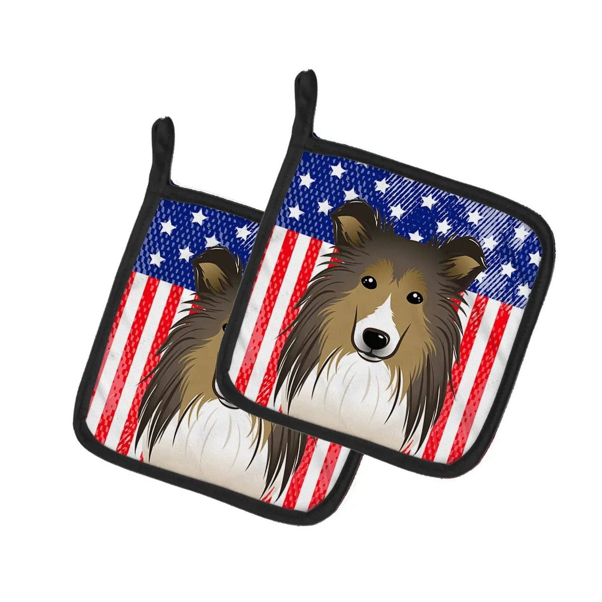 Pot Holder Set of 2 | Heat Resistant Quilted Hot Pads | 7.5 x 7.5 Inch | American Flag and Sheltie