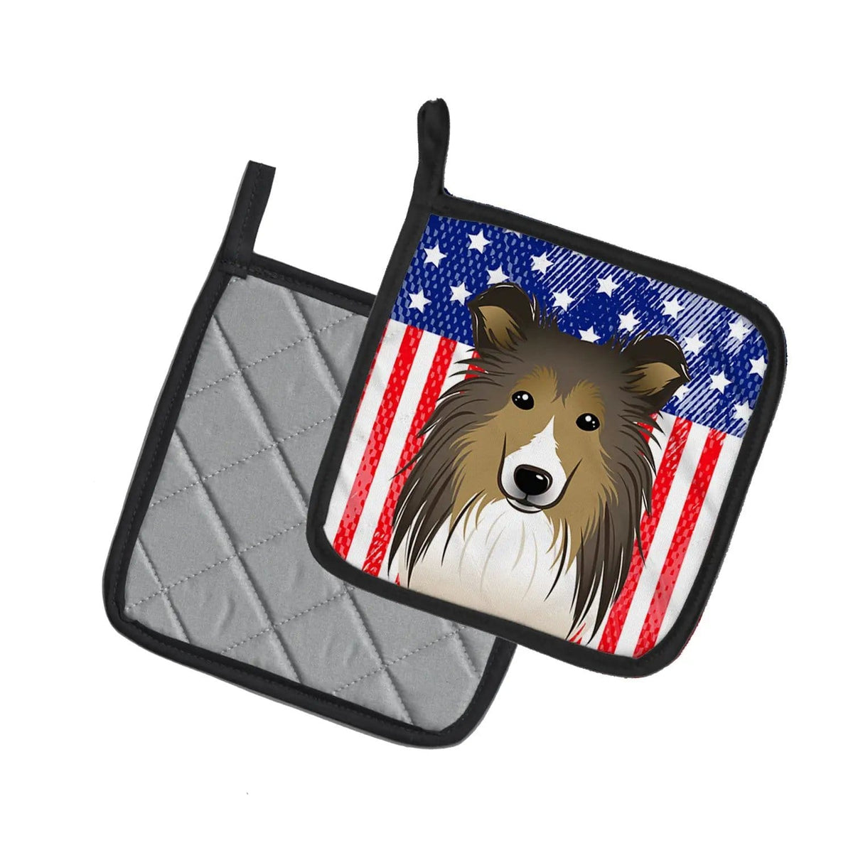 Pot Holder Set of 2 | Heat Resistant Quilted Hot Pads | 7.5 x 7.5 Inch | American Flag and Sheltie