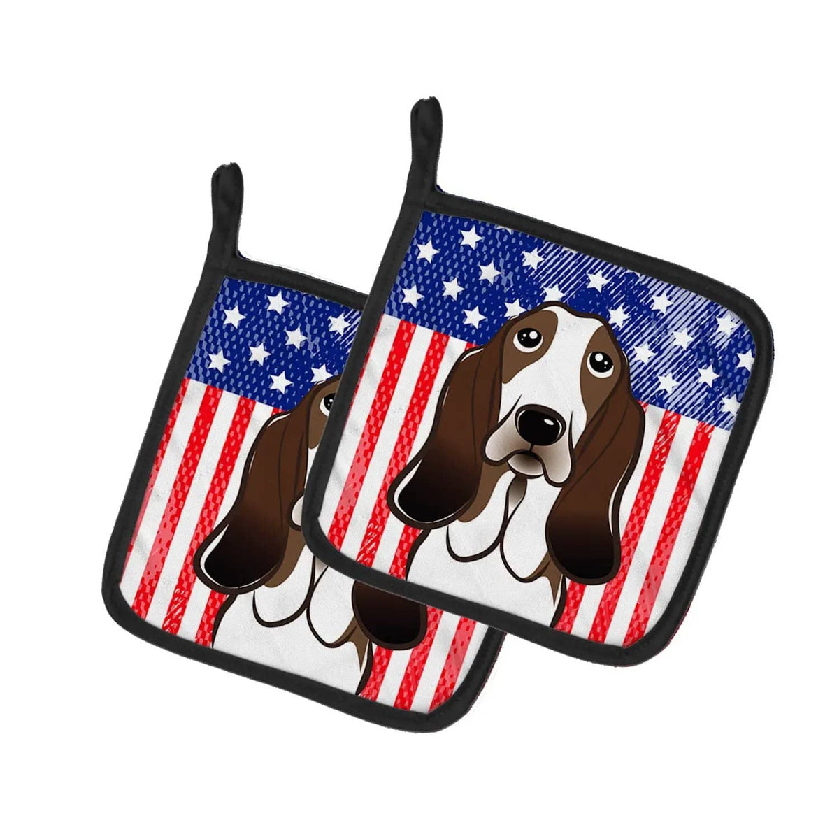 Pot Holder Set of 2 | Heat Resistant Quilted Hot Pads | 7.5 x 7.5 Inch | American Flag and Basset Hound