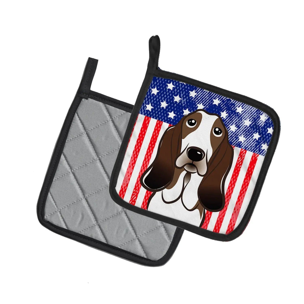 Pot Holder Set of 2 | Heat Resistant Quilted Hot Pads | 7.5 x 7.5 Inch | American Flag and Basset Hound