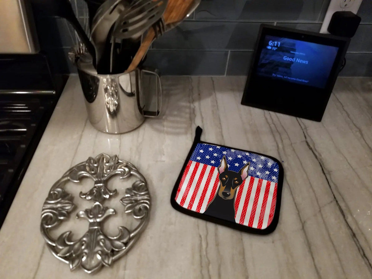Pot Holder Set of 2 | Heat Resistant Quilted Hot Pads | 7.5 x 7.5 Inch | American Flag and Doberman