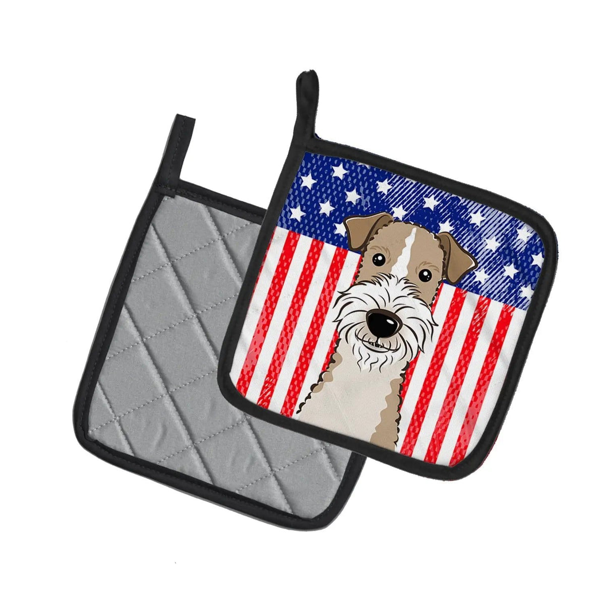 Pot Holder Set of 2 | Heat Resistant Quilted Hot Pads | 7.5 x 7.5 Inch | American Flag and Wire Haired Fox Terrier