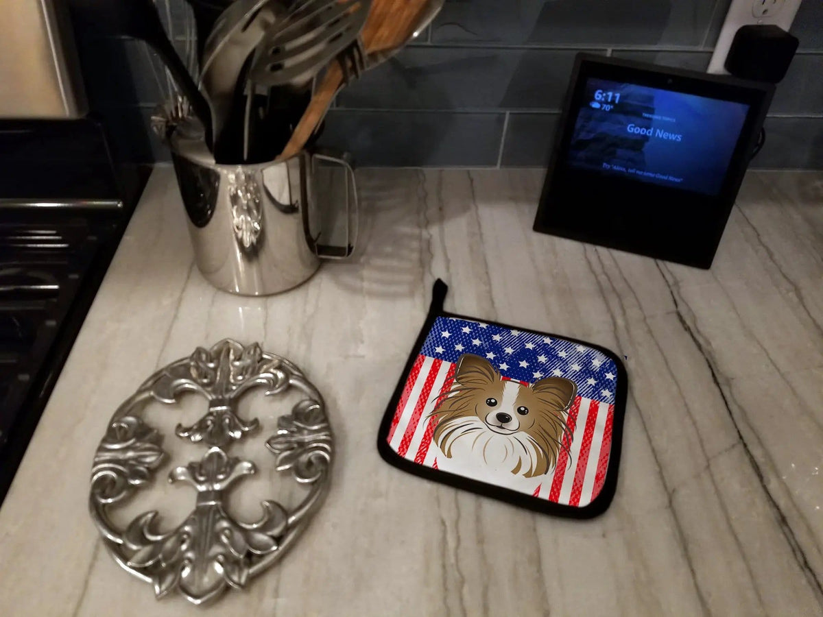 Pot Holder Set of 2 | Heat Resistant Quilted Hot Pads | 7.5 x 7.5 Inch | American Flag and Papillon