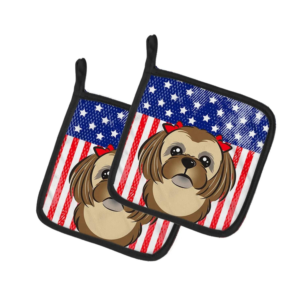 Pot Holder Set of 2 | Heat Resistant Quilted Hot Pads | 7.5 x 7.5 Inch | American Flag and Chocolate Brown Shih Tzu