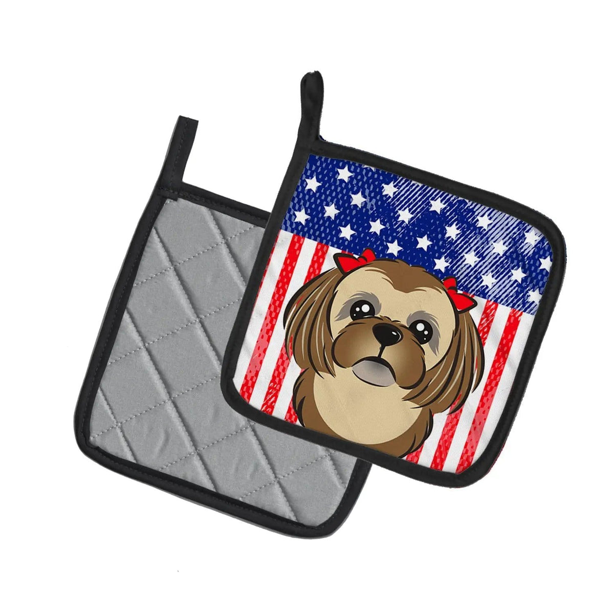 Pot Holder Set of 2 | Heat Resistant Quilted Hot Pads | 7.5 x 7.5 Inch | American Flag and Chocolate Brown Shih Tzu