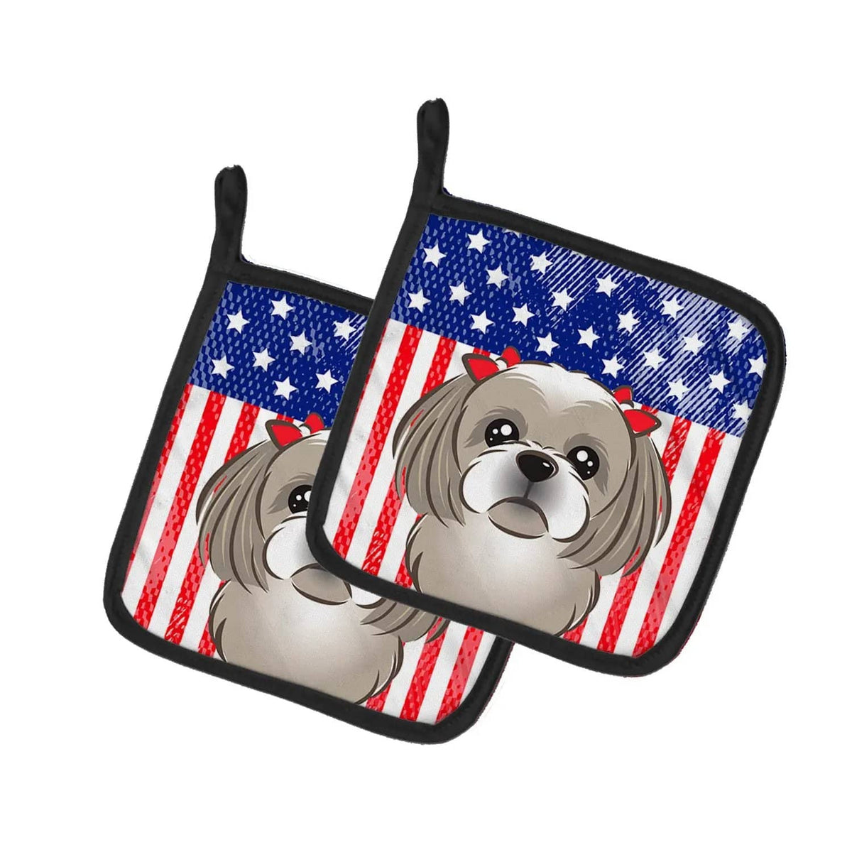 Pot Holder Set of 2 | Heat Resistant Quilted Hot Pads | 7.5 x 7.5 Inch | American Flag and Gray Silver Shih Tzu